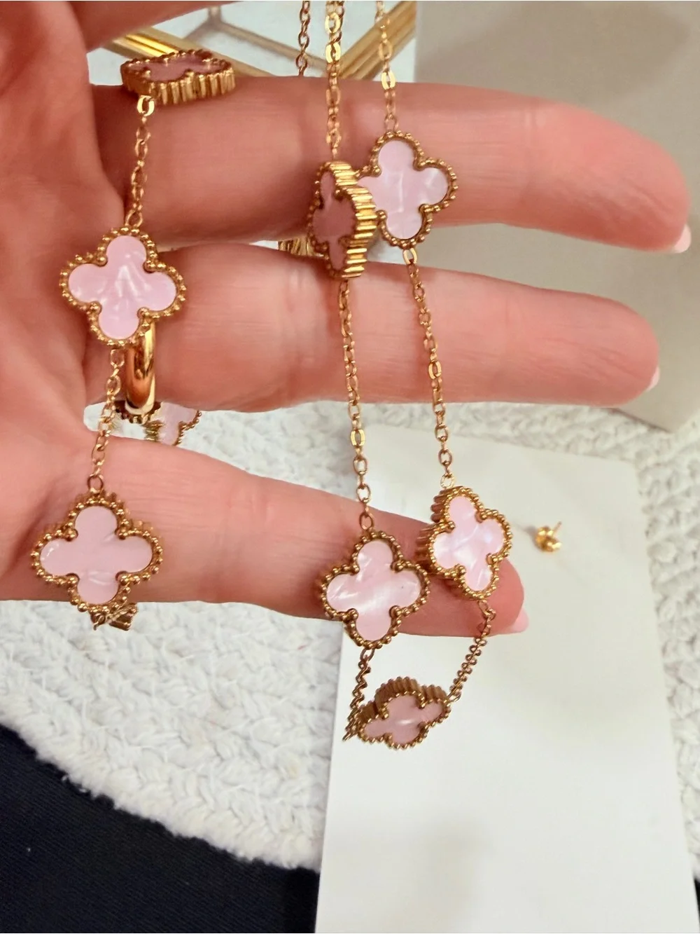 Pink Clover 4-Piece Stainless Steel Jewelry Set – Necklace Bracelet Ring Earring